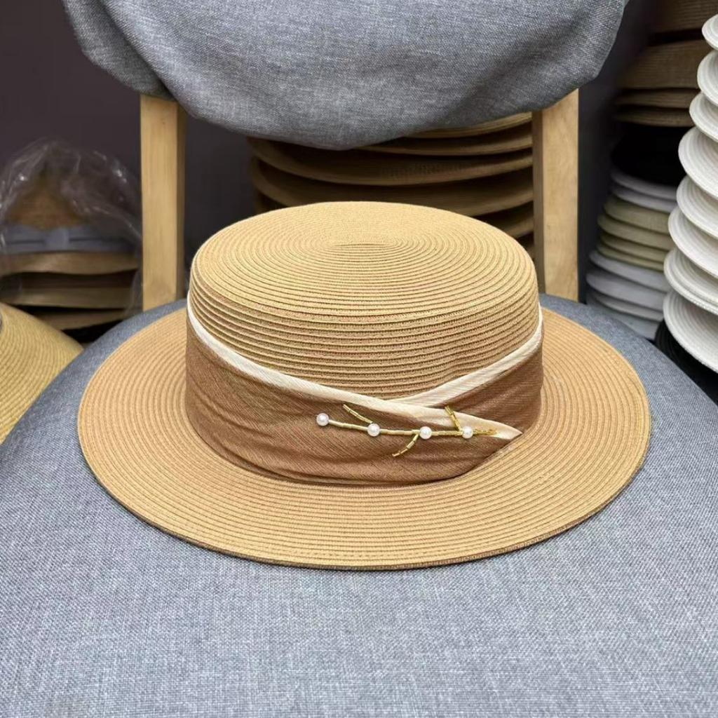 High-end straw hat women's summer sun hat UV protection sunshade sun protection hat women's straw woven flat top hat women