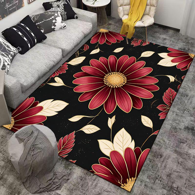 Red Floral Carpet with Golden Leaves On Black Background Design Suitable for Use As an Anti-slip for Living Room Bedroom Sofas