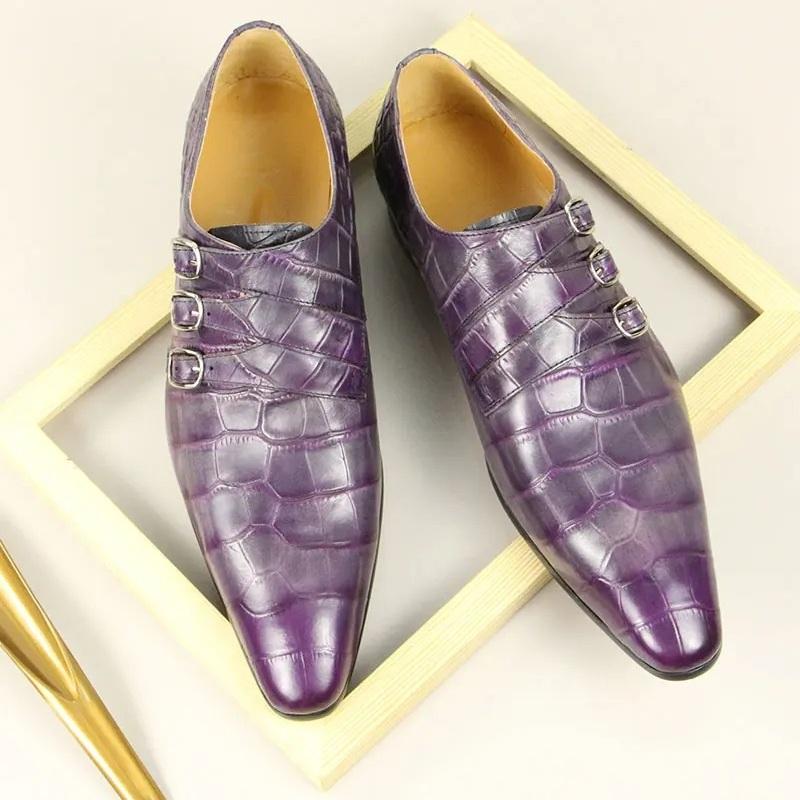 Fashion Wholesale Men's Leather Shoe Handmade Crocodile Pattern Engraved Office Business Wedding Party Fashion Shoe Leather Shoes Purple