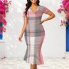 Women Plus Size V Neck Short Sleeve Plaid Printed Pink Grey Fitted Fishtail Dress