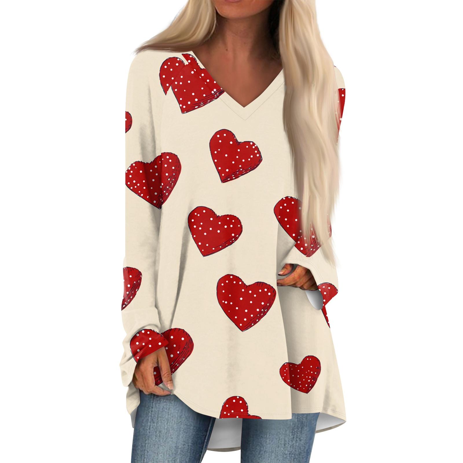 

Women s Fashionable Casual Long-Sleeved Valentine s Day Print V-Neck Mid-Length Top XL бежевий
