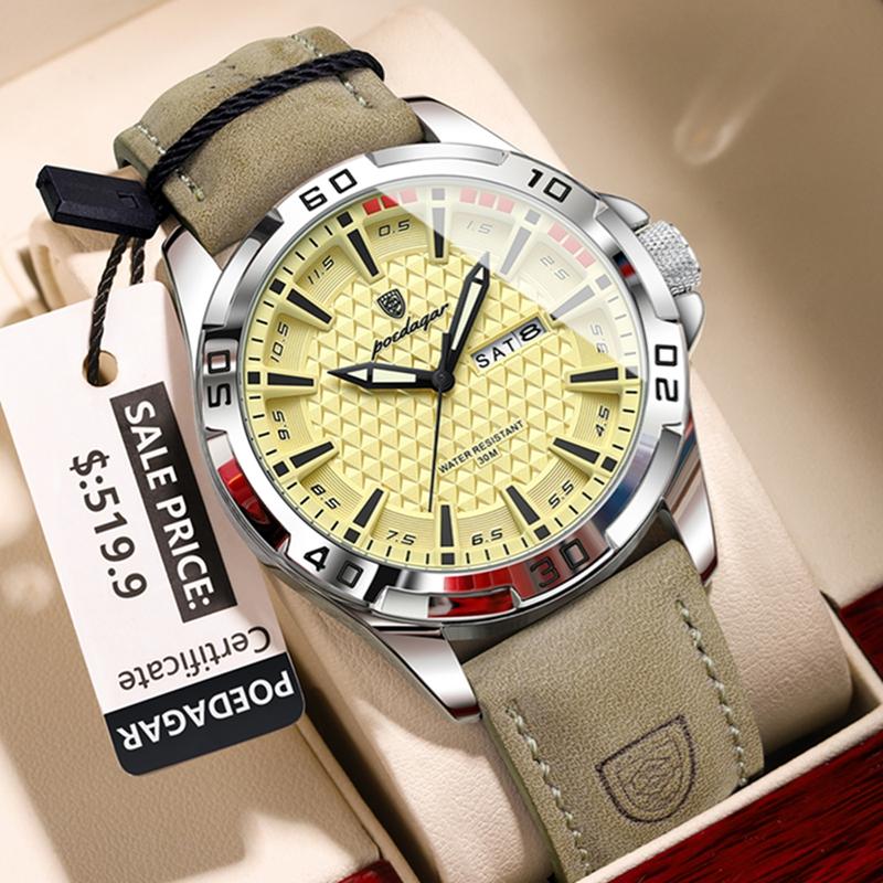Top Luxury Waterproof Luminous Date Week Watch For Men Quartz Sport Leather Men's Watches