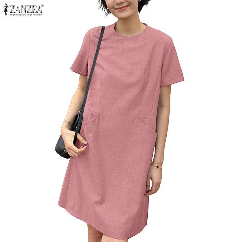 ZANZEA Vestido casual de manga corta de color sólido con cuello redondo para mujer