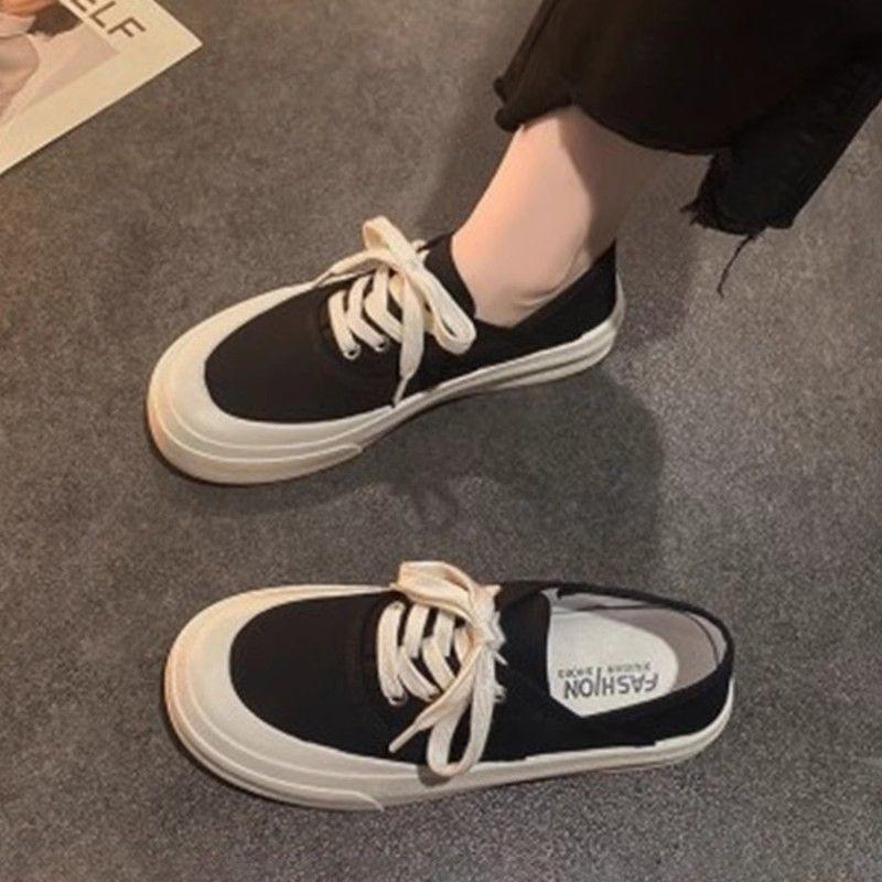 Canvas Shoes Spring New Women's Shoes Rubber Low-top One-pedal Retro Versatile Casual Flat Shoes Lazy Shoes