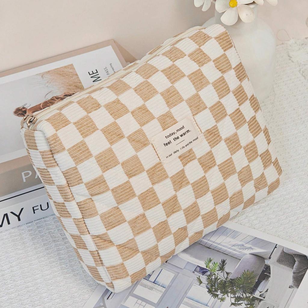 Simple Premium Makeup Bag In Checkered Pattern, Multifunctional Makeup Storage Bag Tote Bathroom Shower Purse Bag Portable Makeup Brush Clutch Bag