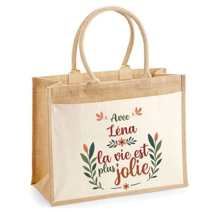 Sac cabas - PLANETEE - jute avec poche Léna la vie est plus jolie - Jute naturel - Imprimé en France - 43x33 cm
