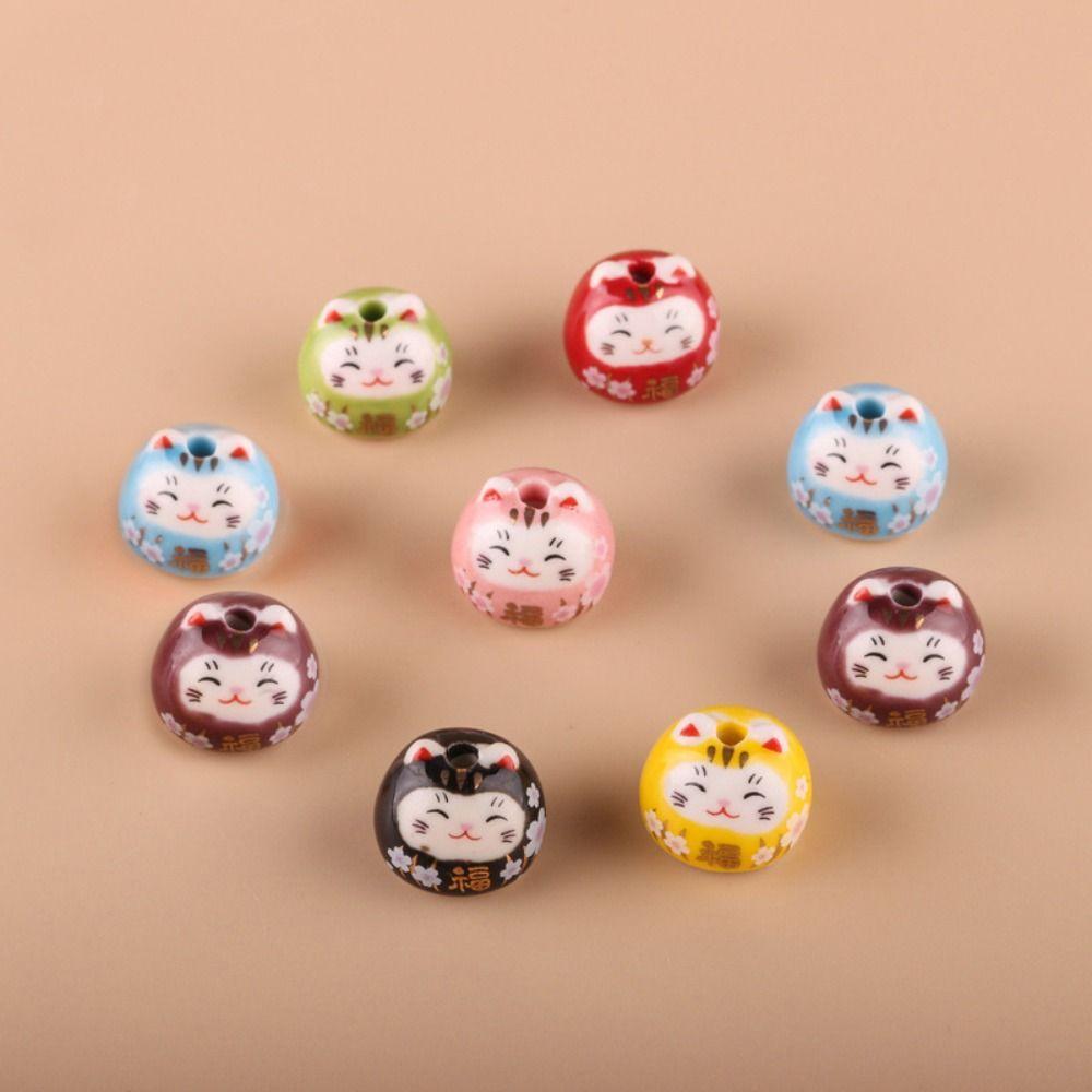 2pcs With Hole Cat Ceramic Ornament Colorful Blessing Cat Beads Cat Ceramic Beads  Jewelry Making