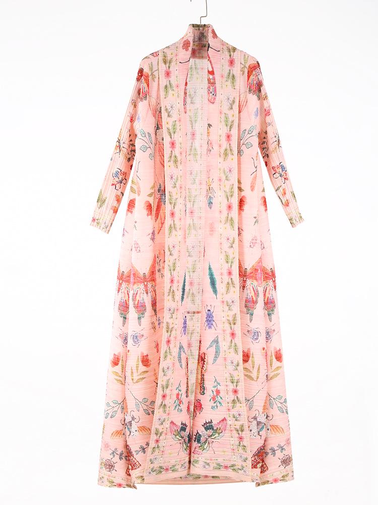Pleated Printed Long Trench Coat for Women - 2025 Spring Lapel Loose Fit Plus Size Long Sleeve Robe