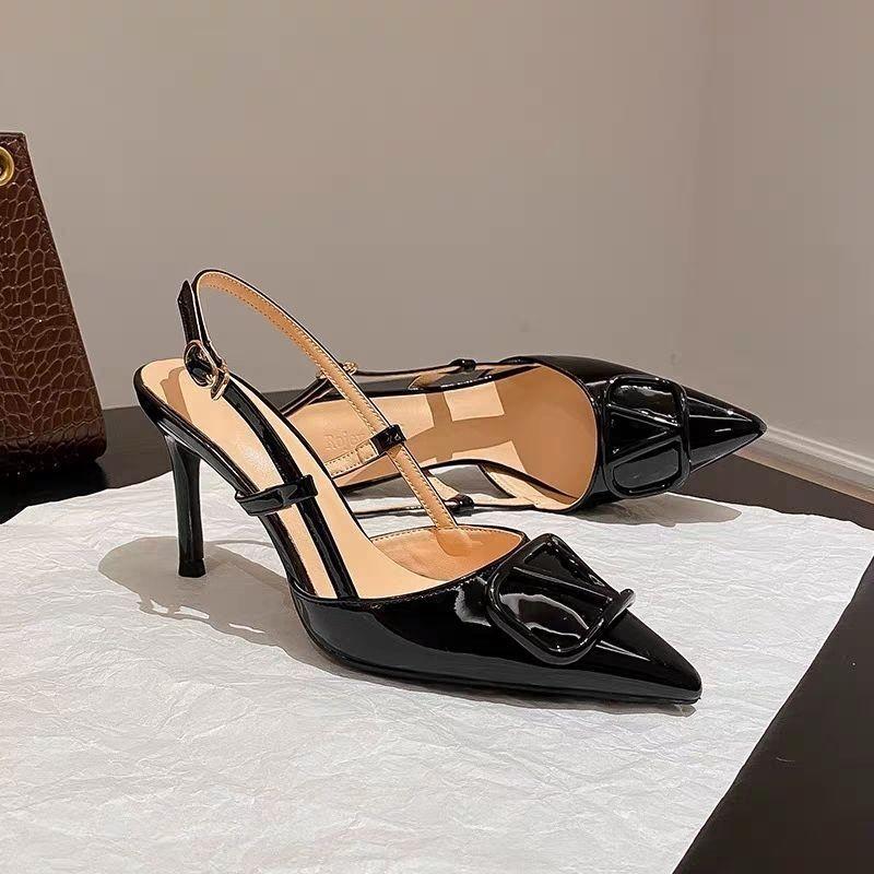 

High French heels 2025 new patent leather temperament one-word buckle single shoes pointed toe nude bag head shoes sexy sandals 35