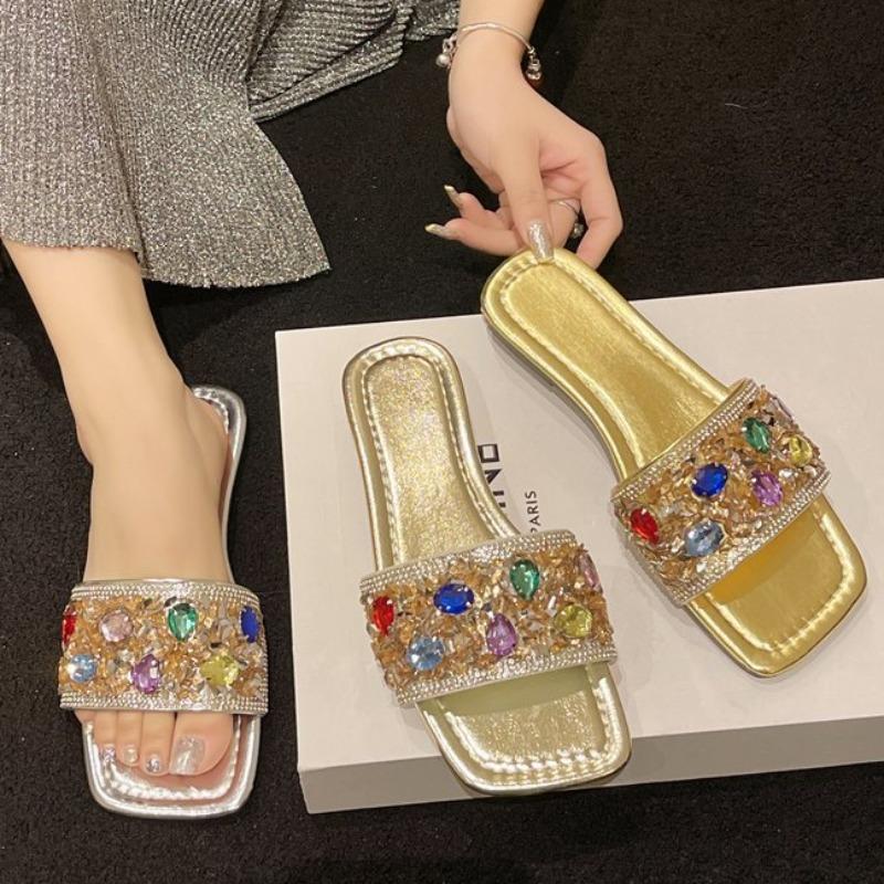 

2024 Летние женские тапочки, модные шлепанцы с открытым носком и стразами на плоской подошве, женские уличные слипоны, женские сандалии, большой размер 43