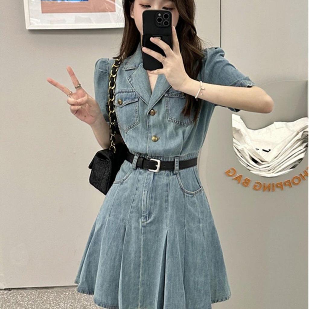 French Style Slim Denim Dress with Pleated Skirt & Belt