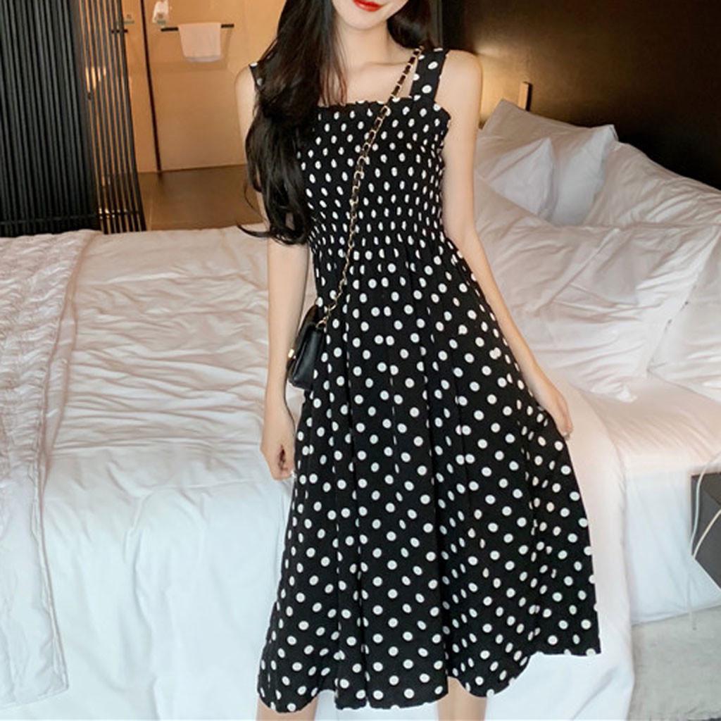 Fashion Women Loose None Sleeve Polka Dot Shoulder Plus Size Casual Dress