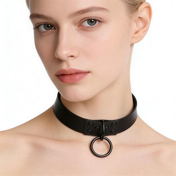 Unisex European Punk Black Leather Choker with Metal Chain and Lock Pendant.