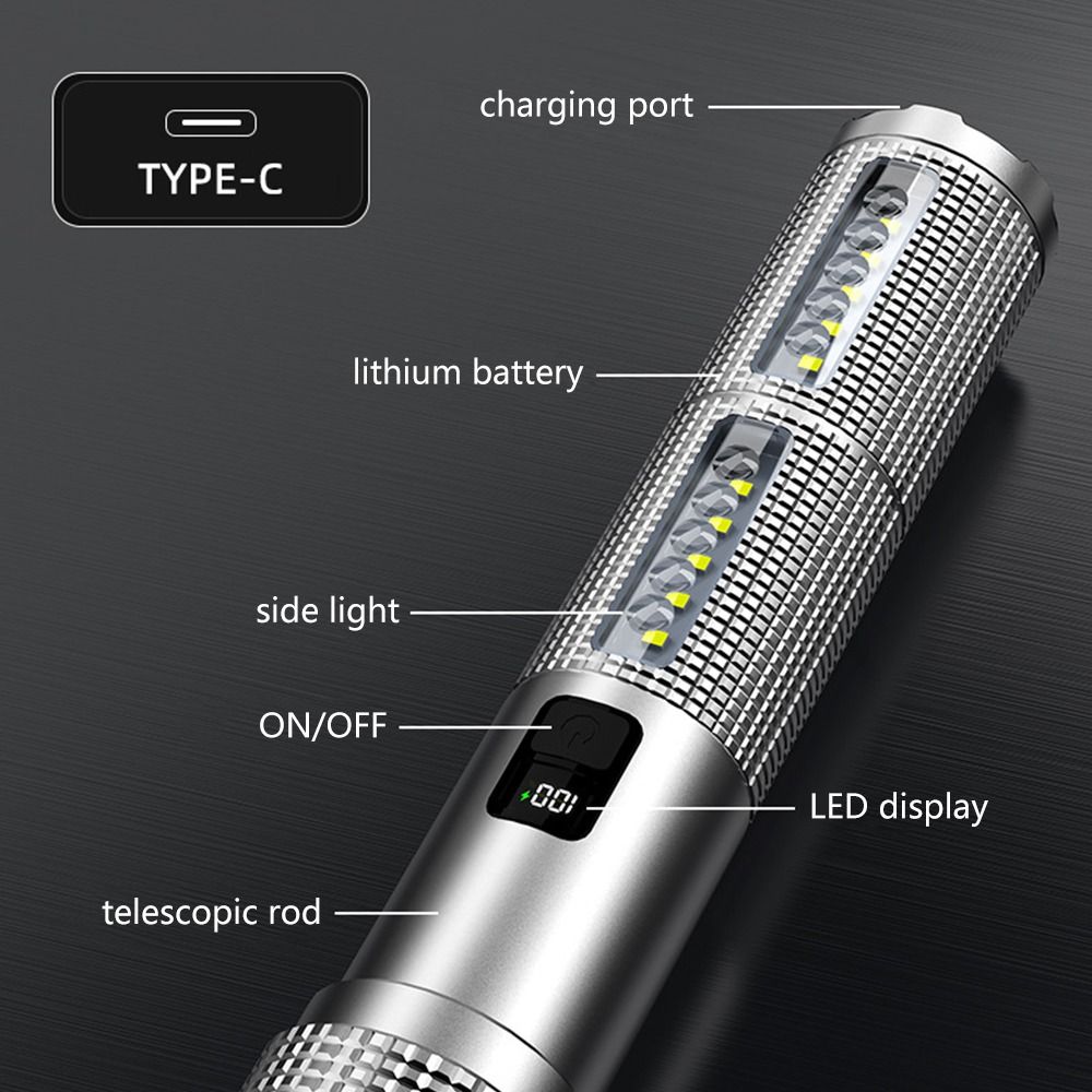 Handheld Type-C Rechargeable LED Flashlight Side Light Aluminum Alloy Work Camp Light Waterproof Handheld Torch Emergency