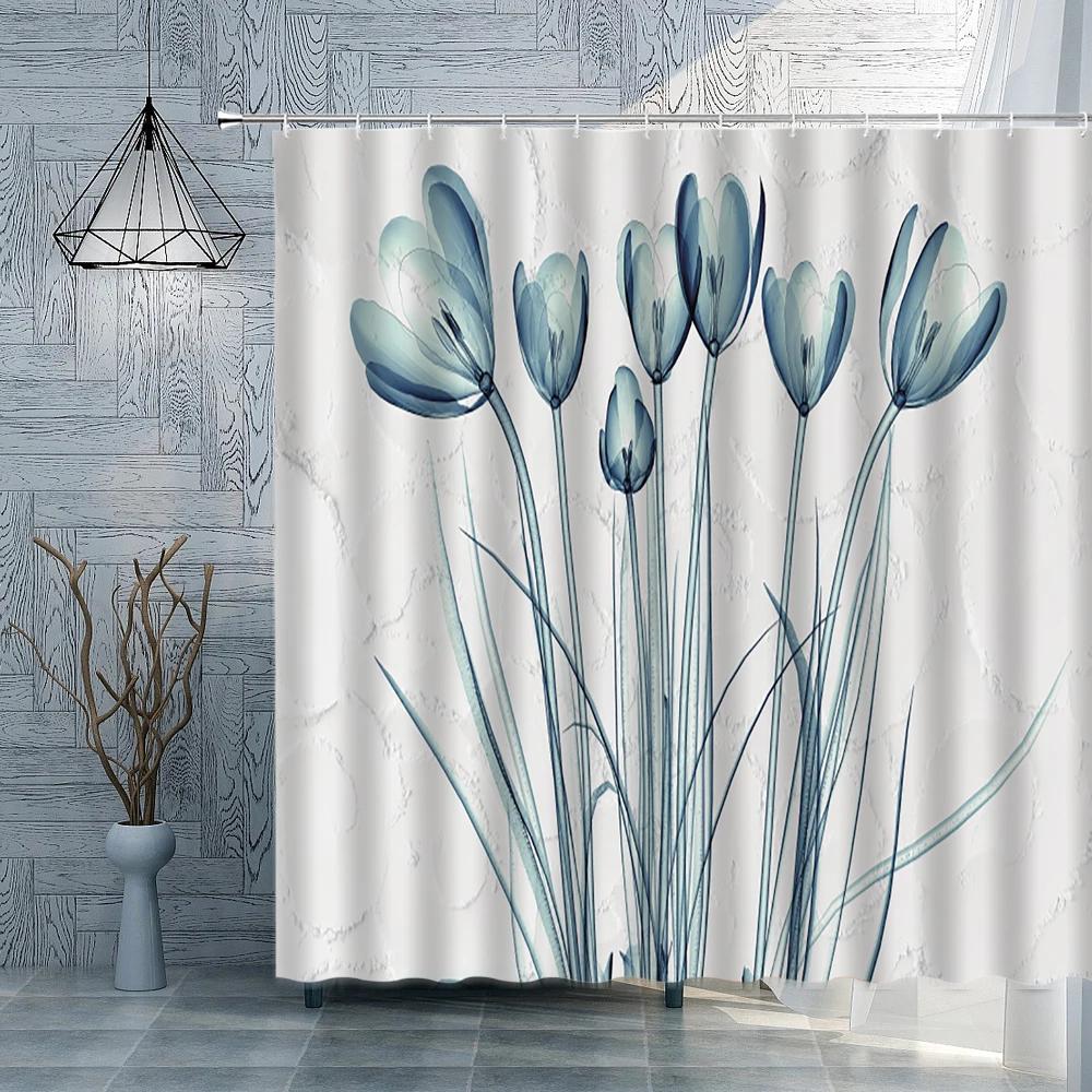 Flower Plant Shower Curtain Modern Simple Water Color Print Pattern Bathroom Curtains Polyester Fabric Home Bath Decor With Hook