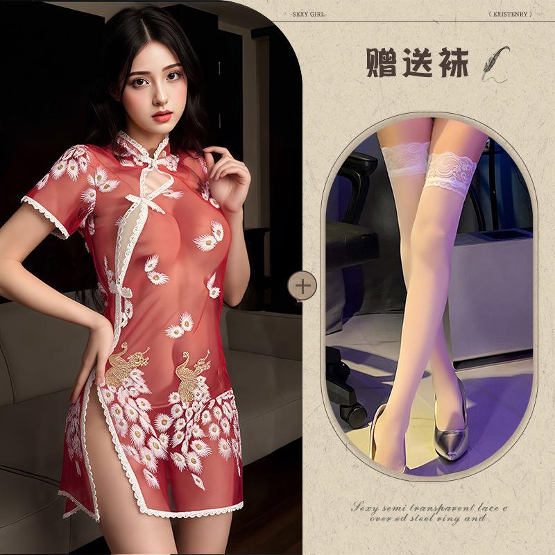 Embroidery embroidery erotic underwear sexy perspective temptation pure desire pajama set Republic of China cheongsam set