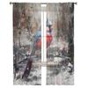 Christmas Retro Abstract Cardinal Bird Bedroom Transparent Sheer Curtains Holiday Decoration Window Voile Tulle Curtain