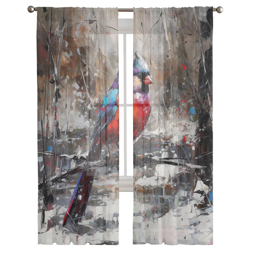 Christmas Retro Abstract Cardinal Bird Bedroom Transparent Sheer Curtains Holiday Decoration Window Voile Tulle Curtain