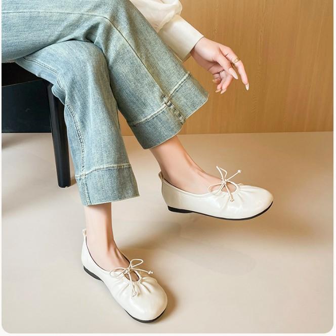 French Round Head Versatile Ballet Flat Mary Jane Shoes 2025 New Fashionable and Comfortable Soft Leather Bow Single Shoes Women