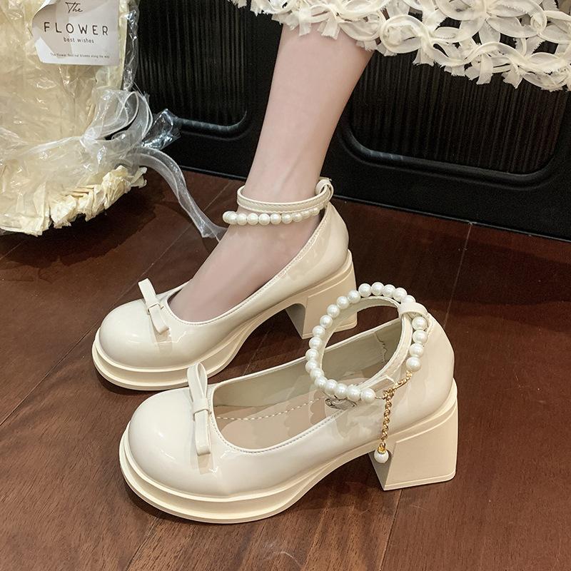 French Mary Jane small leather shoes women's skirt 2025 new summer versatile pearl bow thick high heel shoes