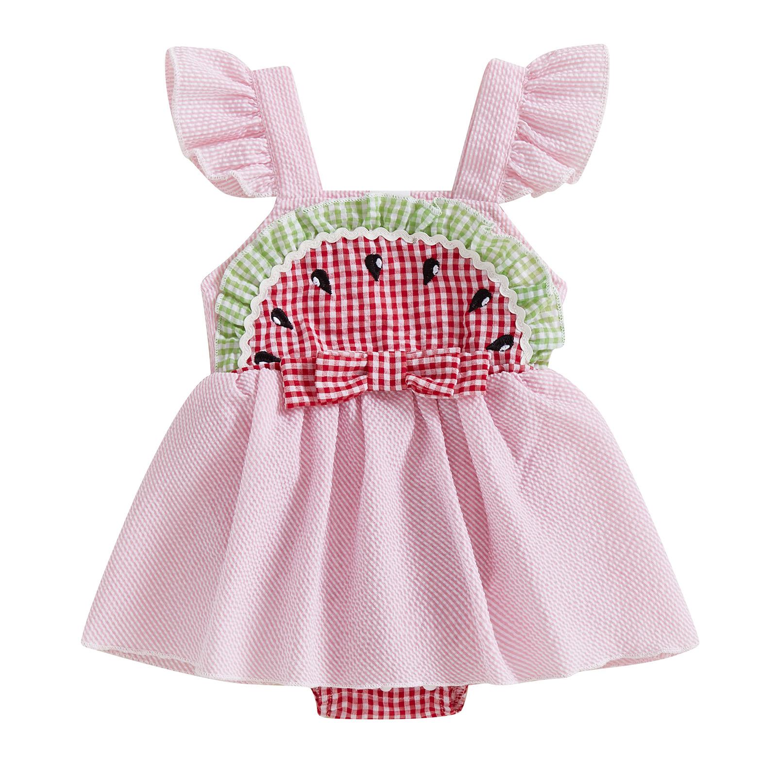 

Детское платье-комбинезон для девочек, боди с рукавами-крылышками, в полоску, арбузное вечернее боди, летняя одежда 3-6M розовый