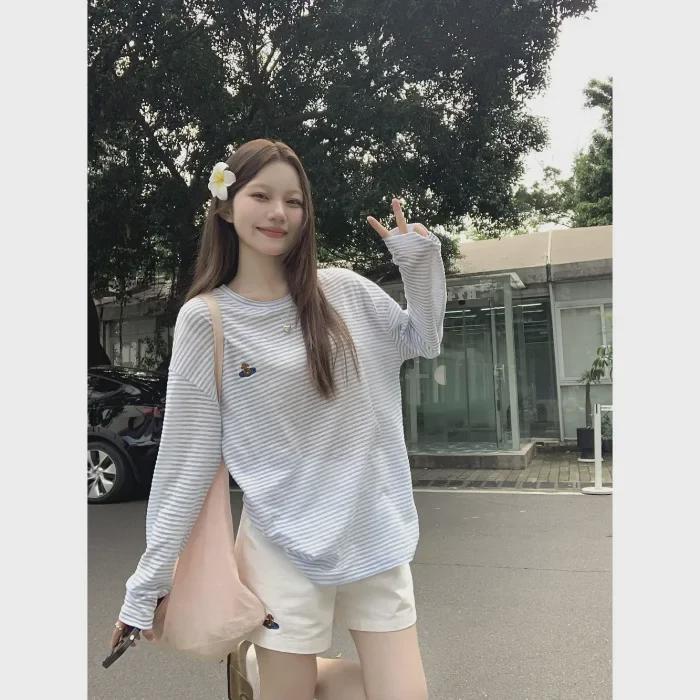 

Элегантная полосатая блузка с длинным рукавом - женский летний солнцезащитный топ S