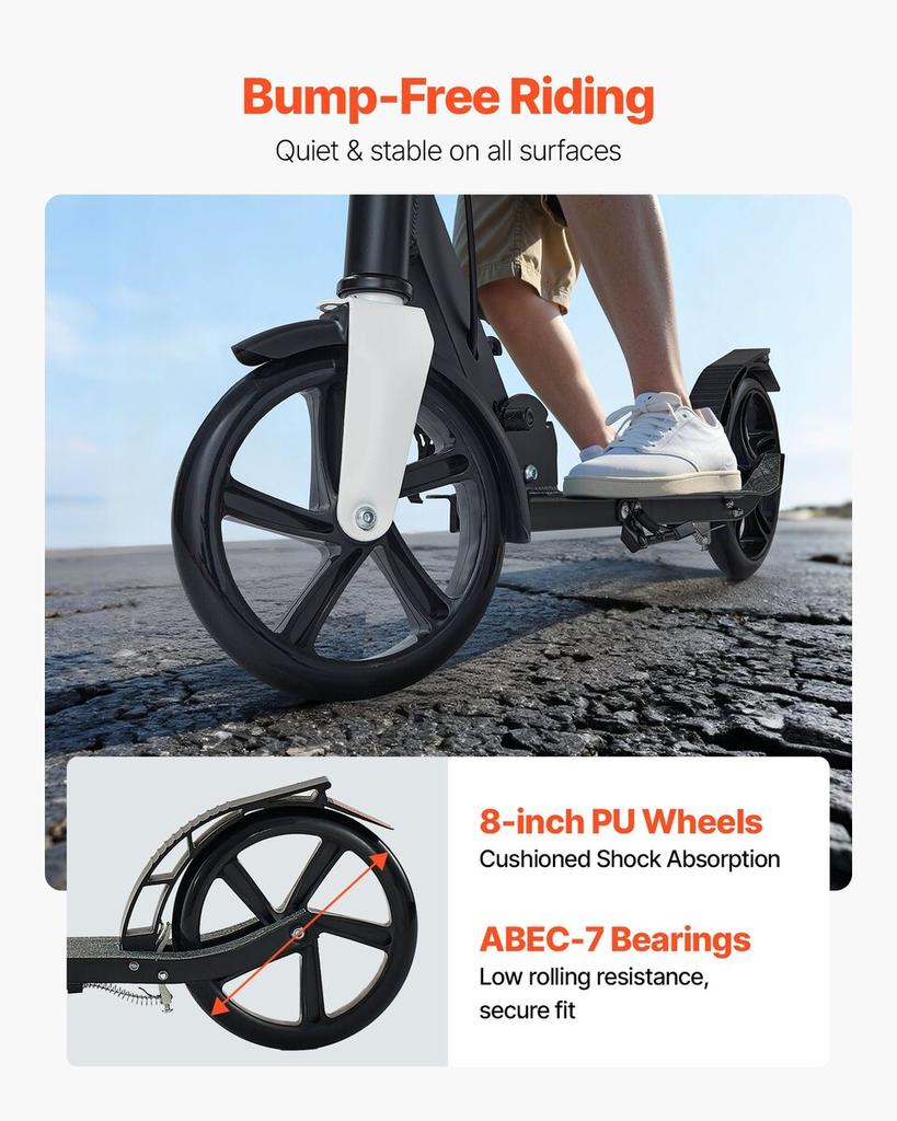 Kick Scooter for Kids Ages 8+, Teens & Adults, 2-Wheel Toddler Scooter with Adjustable Height Handlebar, Wide Anti-Slip Deck, Foldable Lightweight for