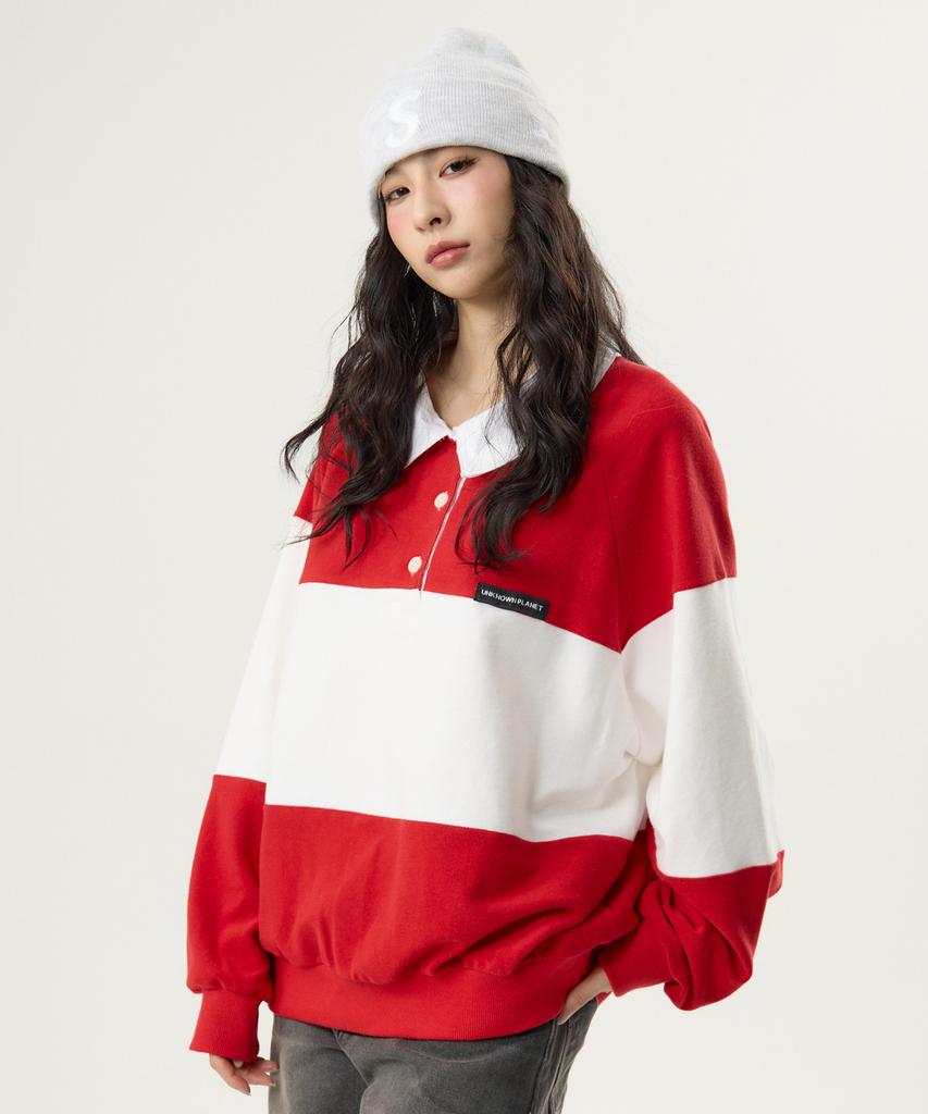 UNKNOWN PLANET Daily Cotton Collared Color Block Sweatshirt Red