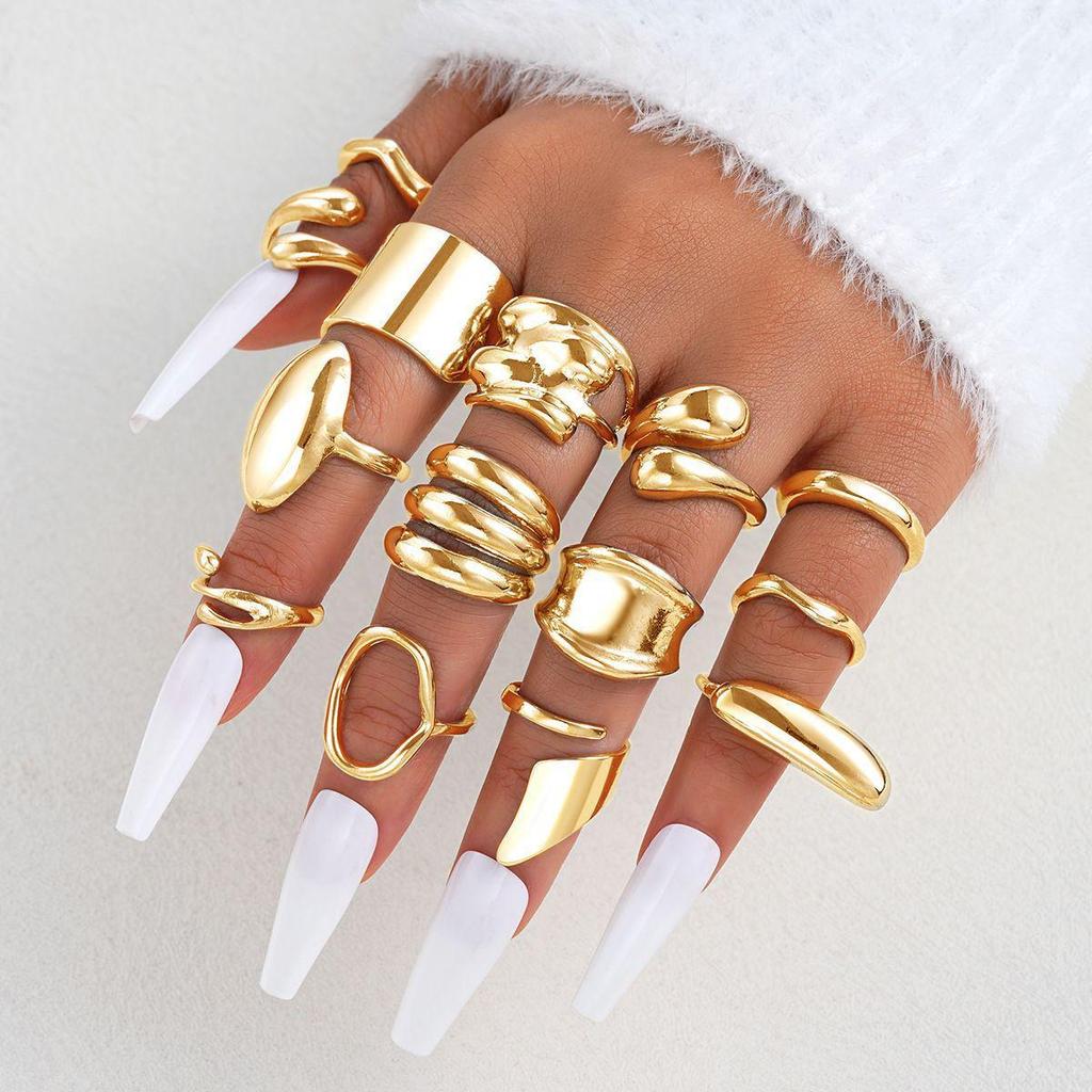 European & American Metal Texture Ring Set: Smooth, Exaggerated Geometric Open Rings for Women