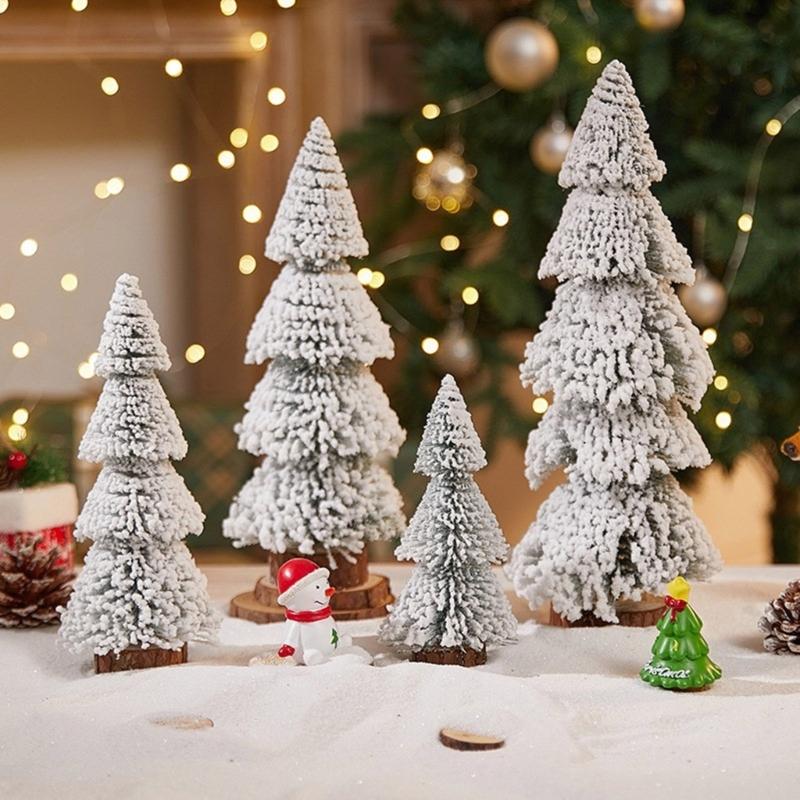 4 Pieces Miniature Christmas Tree Flocking Artificial Pines with Wood Stands for Table Decoration Desktop Ornament