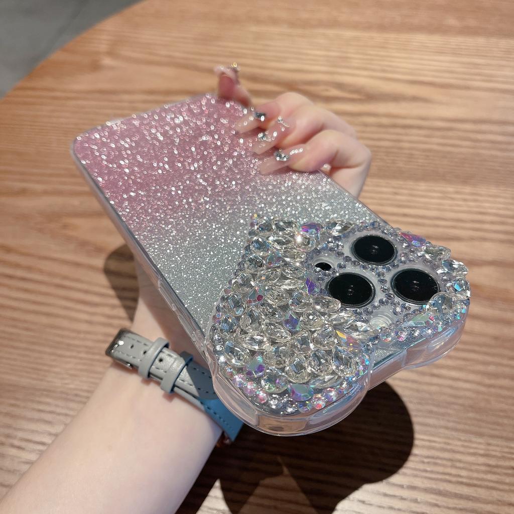 Suitable for IPhone16Promax Phone Cases, Heart-shaped Water Diamond 14/13, and Apple 15 Protective Cases with Gradient Glitter