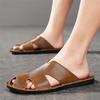 Men Slippers Handmade Simple Flats Brown Leather Sandals Outdoor Summer Roman Sandals Closed Toe Beach Shoes Plus Size