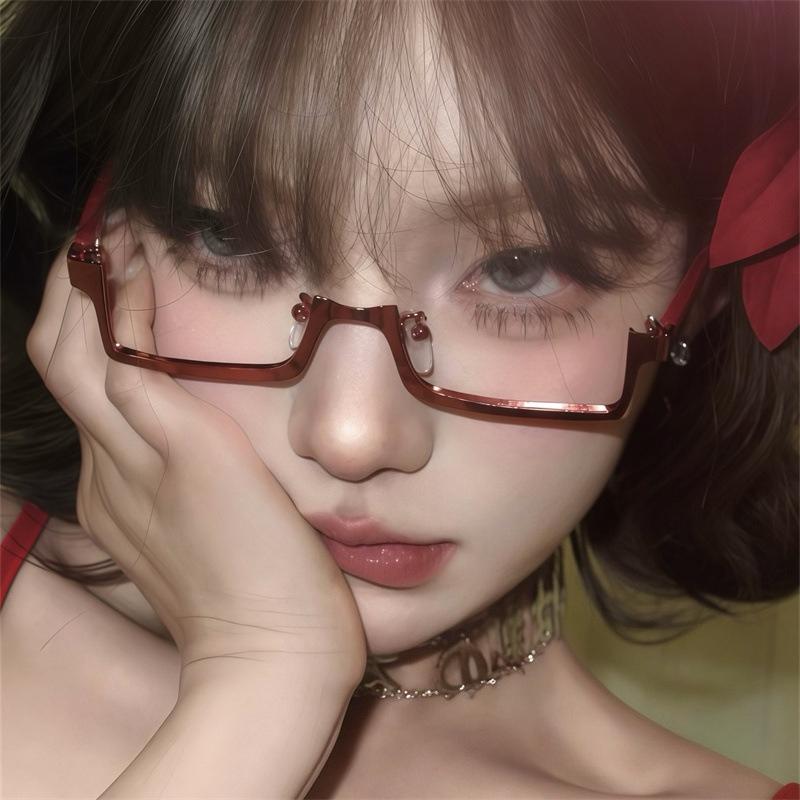 Anime Lower Half Frame Glasses Women Anime Decorative Glasses Ins Trend Metal Rectangular Eyeglasses Decoration