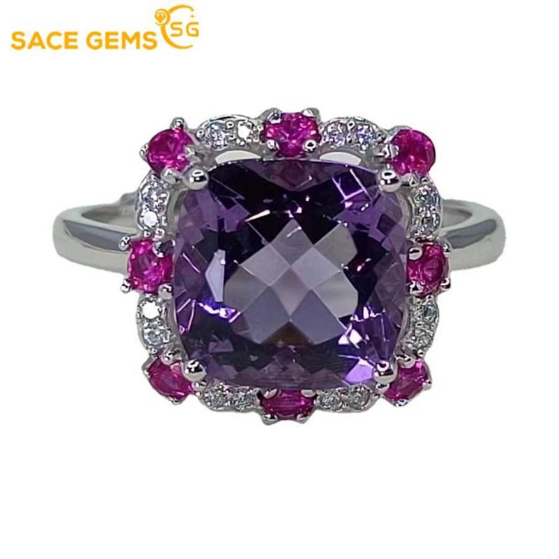 SACE GEMS 925 Sterling Silver 9*9MM Natual Amethyst Rings for Women Engagement Cocktail Party Fine Jewelry Gift