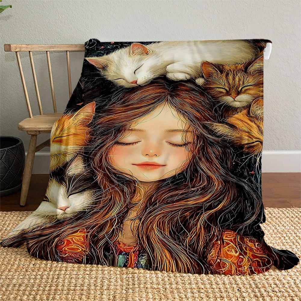 1pc Girl Cats Outdoor Flannel Blanket Soft Warm All-Season Throw for Sofa Bed Car Camping Office, Cozy Gift Idea1145S