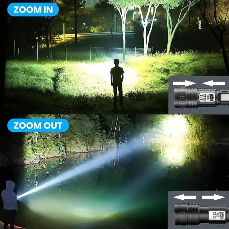 Super Bright Flashlight USB Rechargeable Most Strong LED Flash Light Long Range Torch Zoom Outdoor With Digital Power Display