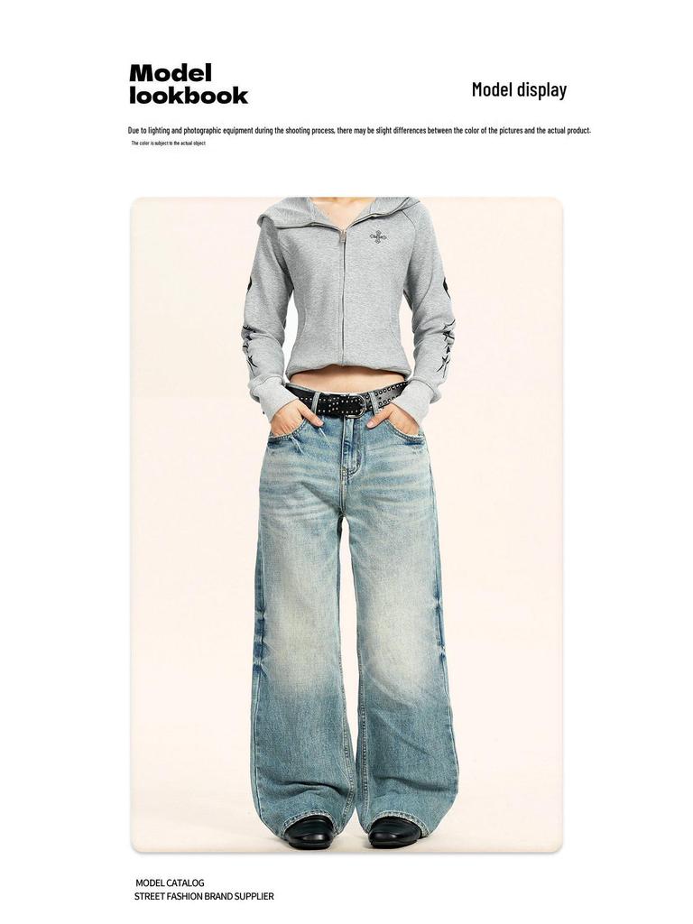 Yongfang Unisex Retro Washed Blue Distressed Wide-Leg Jeans