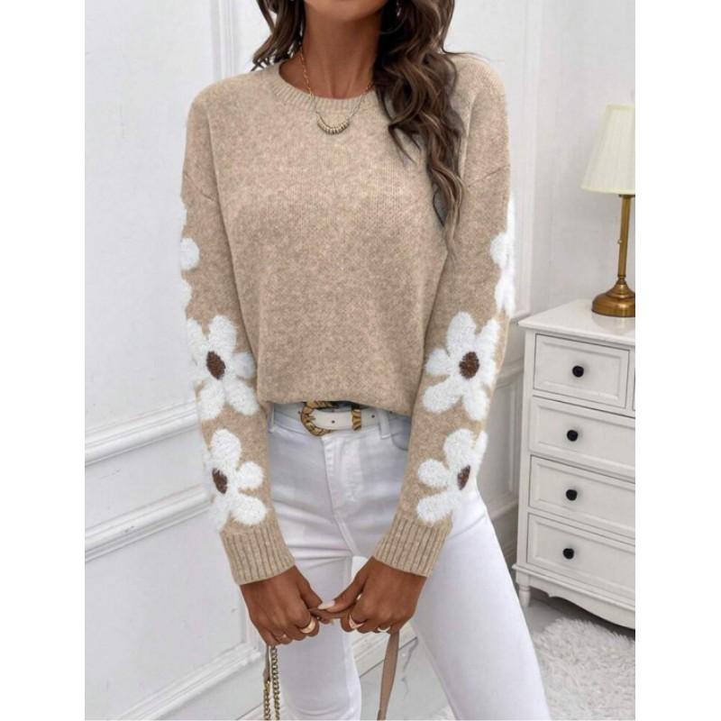 Women Autumn Winter Elegant Temperament Knitted Sweater Flower Jacquard Pullovers Tops