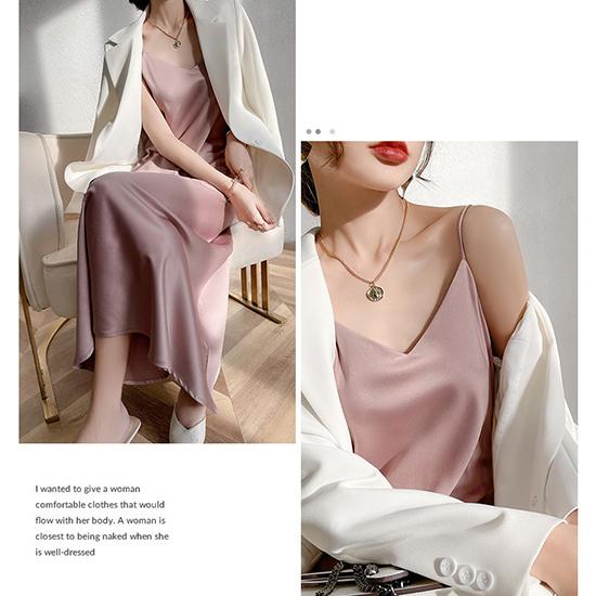 Summer French Acetic Acid Satin Sexy Strap Dress Women's Mid Length Style with Solid Color Underlay Skirt Fashion Women's Wear