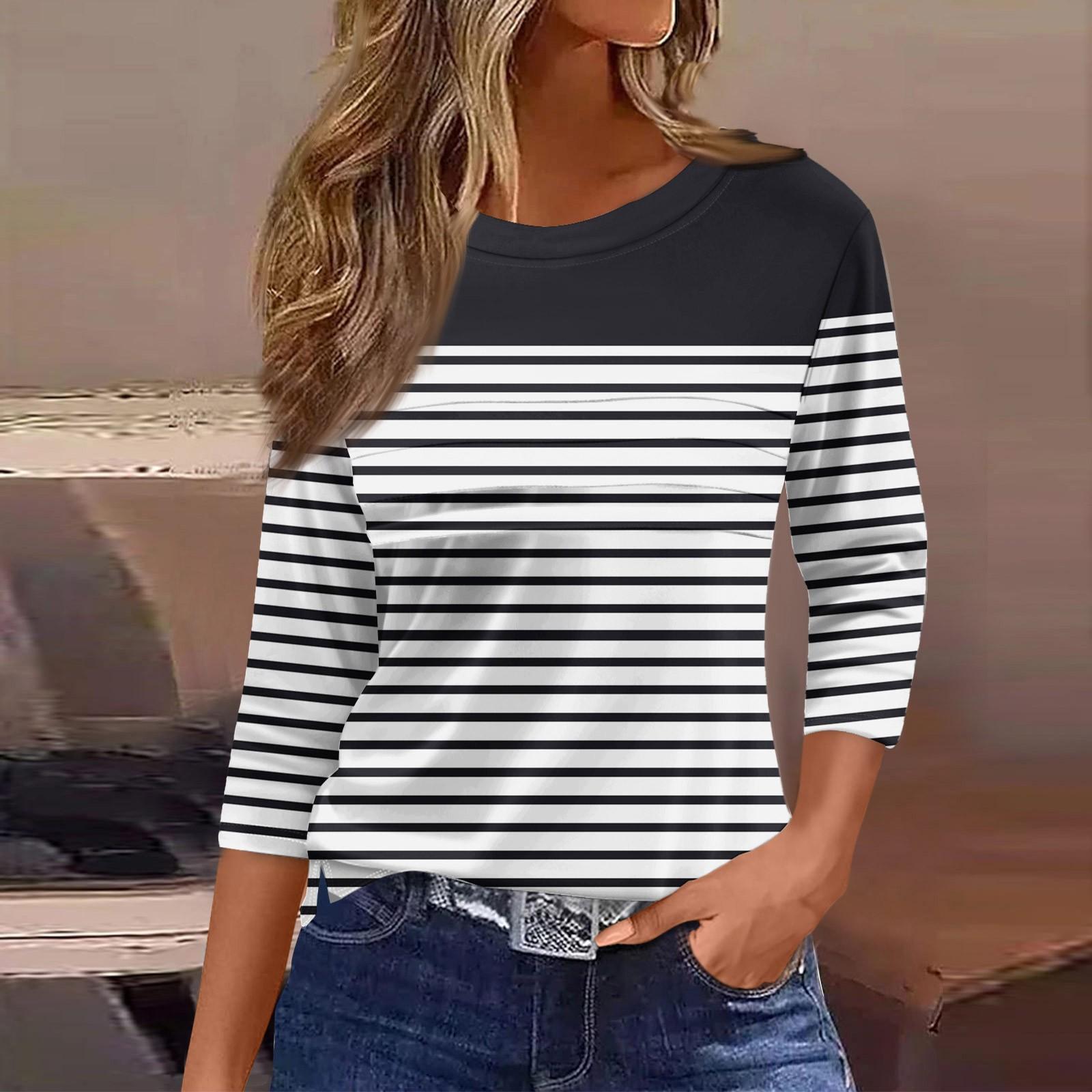 

Женская мода повседневный свободный топ с рукавом 3/4 в полоску с круглым вырезом L бежевый