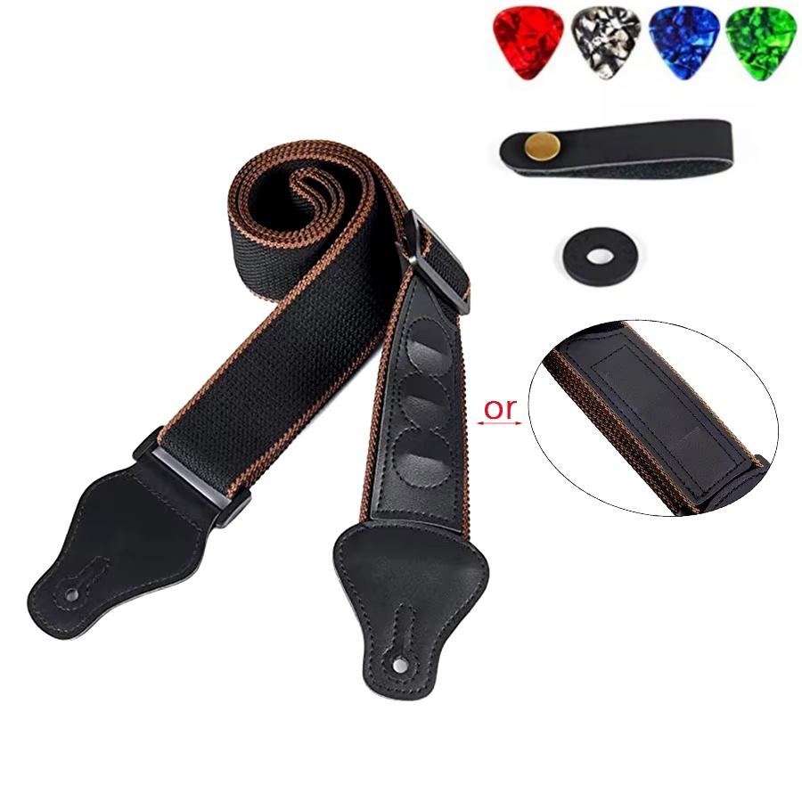 Guitar Strap 7Pcs/Set Black PU Leather + Cotton for Ukulele Bass Musical Instrument Accessories