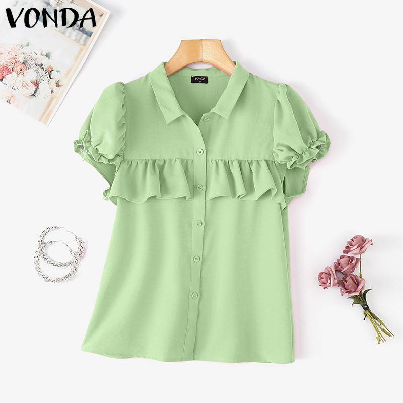 

VONDA Women Summer Lapel Neck Short Sleeve Ruffled Buttons Casual Shirts 5XL зелёный
