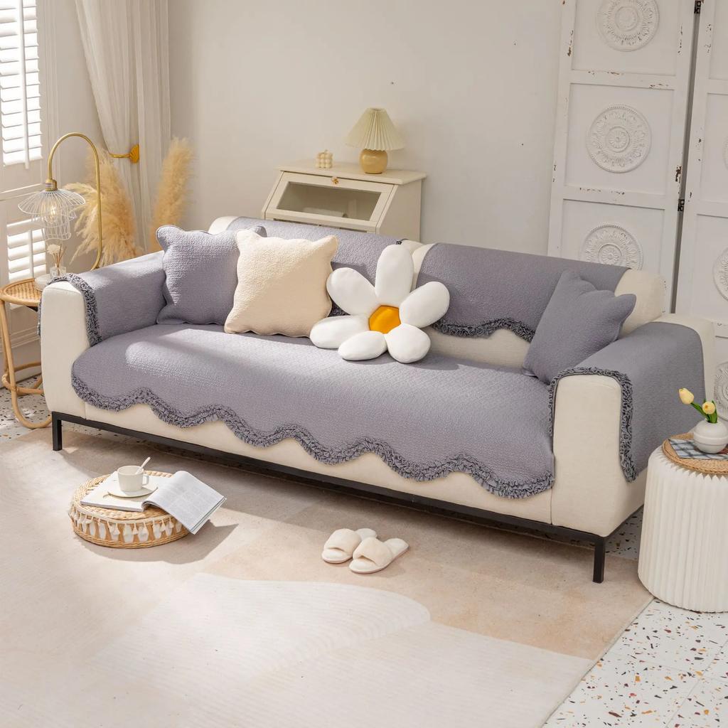 New Curved Line Edge Sofa Cushion Solid Color Sofa Covers for Living Room All Season Universal Anti-slip Couch Cover Home Decor