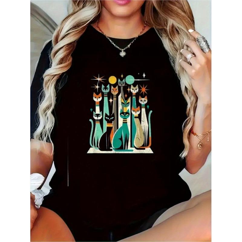 

European Size Y2K Style Wo S Persian Cat Celestial Graphic T-Shirt | Black Geometric Applique Design with Stars and Planets, All-Season Casual Top 4XL