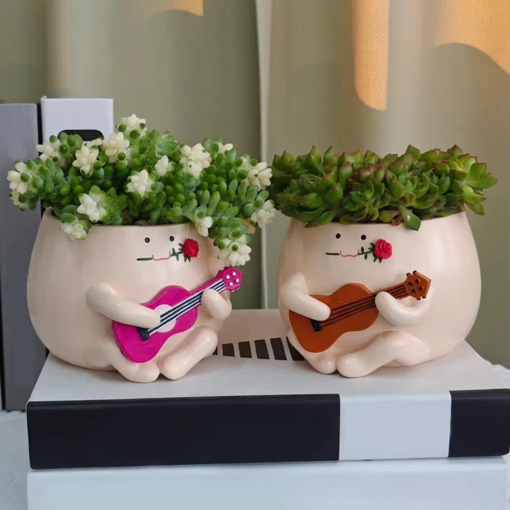 Cartoon Ukulele Flower Pot Cute Smile Face Planter Pot  For Indoor Outdoor Plant
