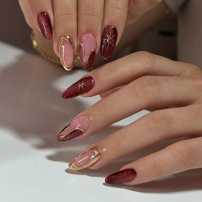 24 יחידות שקדים עם עין חתול אתרית גילט לחץ על ציפורניים שקוף קר מבריק צרפתי קווים מתכתיים עיצוב ציפורניים מלאכותיות יוקרה קלה