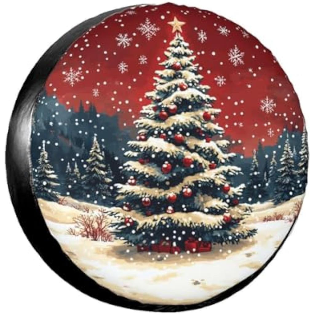 Christmas Tree Spare Tire Cover Snow Scene Waterproof Universal Fit RV SUV Trailer Wheel Protector