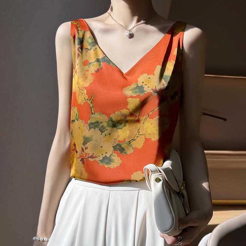 

2025 Высококачественная шелковая майка: Пион и леопардовый принт V-образный вырез 3XL