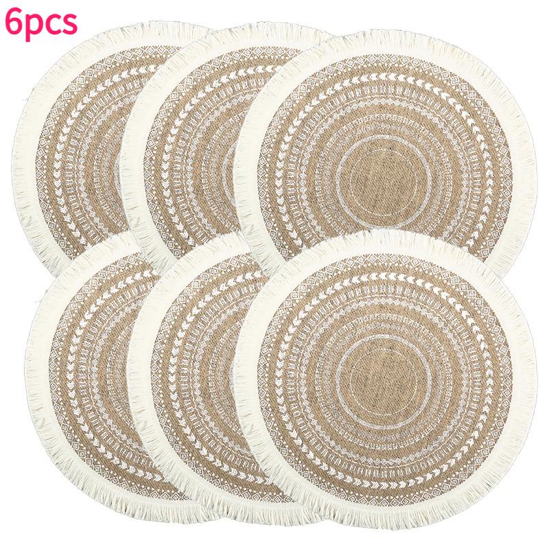 

6-10pcs Bohemian Round Tassel Placemats Woven Linen Round Heat-insulating Flower Pattern Table Mats Dining Tables Decorative Mat