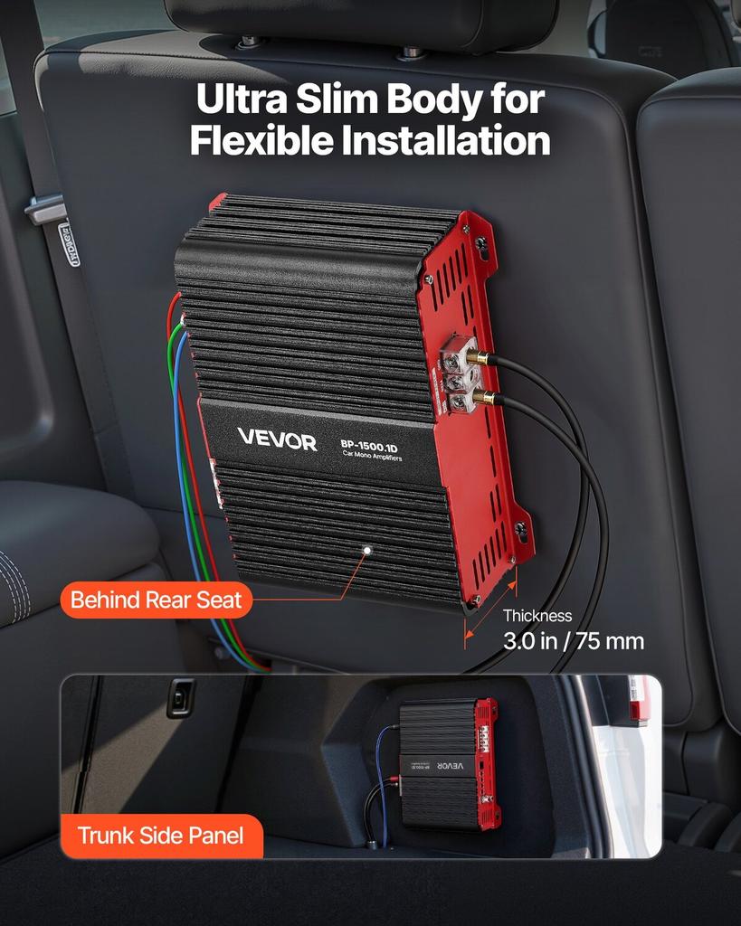 Monoblock Car Amplifier, 1500W RMS MAX, 1/2/4 Ohm Stable, 1-Channel Class D Car Audio Amplifier with Remote Subwoofer Level Control, Low Pass Filter